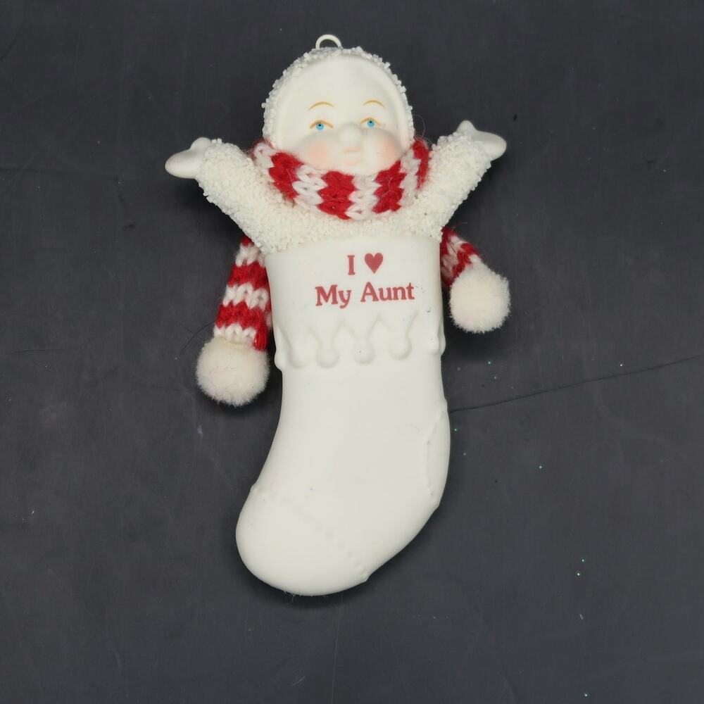 Dept 56 Snowbabies I Love My Aunt Stocking Ornament White Porcelain 3" Christmas